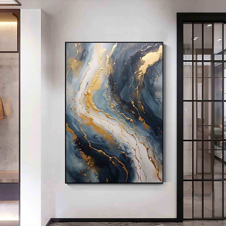 Abstract Gold Foil Texture Oil Painting On Canvas, Large Wall Art Custom Painting,Original Blue Wall Decor Minimalist Living Room Decor Gift - Oil Painting Haven Oil Painting Haven