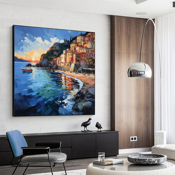 Abstract Mediterranean Oil Painting On Canvas, Large Wall Art, Original Coastal City Landscape Art Custom Blue Ocean Decor Living Room Art - Oil Painting Haven Oil Painting Haven