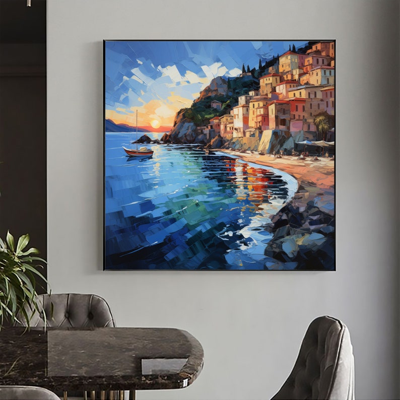 Abstract Mediterranean Oil Painting On Canvas, Large Wall Art, Original Coastal City Landscape Art Custom Blue Ocean Decor Living Room Art - Oil Painting Haven Oil Painting Haven