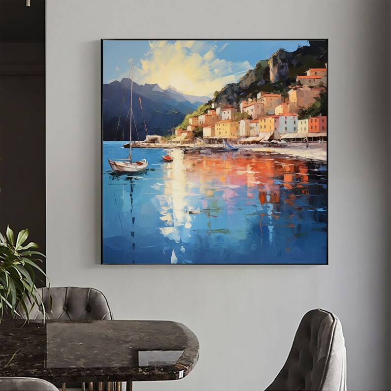 Original Mediterranean Oil Painting On Canvas, Large Wall Art, Abstract Coastal Cityscape Art Custom Painting Blue Ocean Decor Bedroom Art - Oil Painting Haven Oil Painting Haven