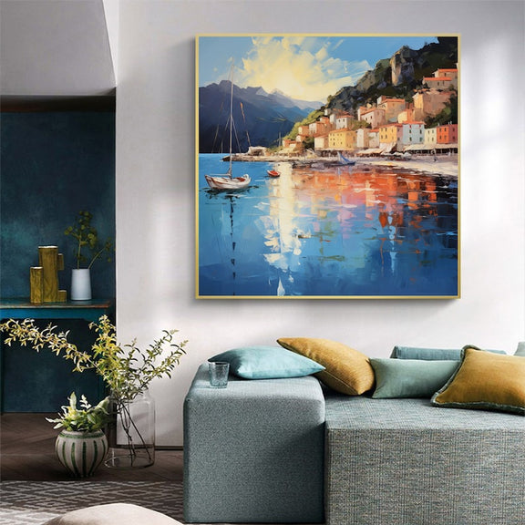 Original Mediterranean Oil Painting On Canvas, Large Wall Art, Abstract Coastal Cityscape Art Custom Painting Blue Ocean Decor Bedroom Art - Oil Painting Haven Oil Painting Haven