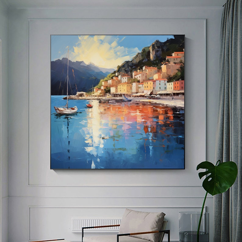 Original Mediterranean Oil Painting On Canvas, Large Wall Art, Abstract Coastal Cityscape Art Custom Painting Blue Ocean Decor Bedroom Art - Oil Painting Haven Oil Painting Haven