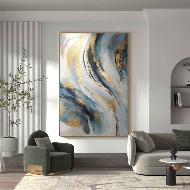 Abstract Gold Foil Texture Oil Painting On Canvas, Large Wall Art Custom Painting,Original Blue Wall Decor Minimalist Living Room Decor Gift - Oil Painting Haven Oil Painting Haven