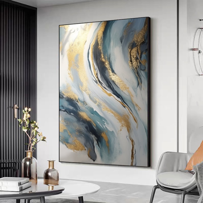 Abstract Gold Foil Texture Oil Painting On Canvas, Large Wall Art Custom Painting,Original Blue Wall Decor Minimalist Living Room Decor Gift - Oil Painting Haven Oil Painting Haven