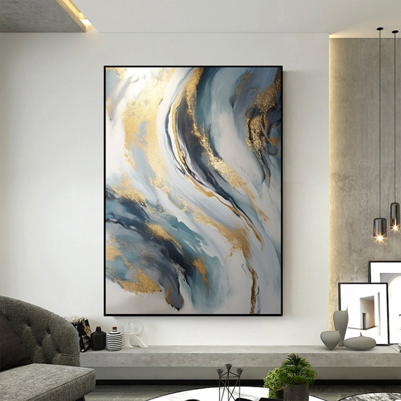 Abstract Gold Foil Texture Oil Painting On Canvas, Large Wall Art Custom Painting,Original Blue Wall Decor Minimalist Living Room Decor Gift - Oil Painting Haven