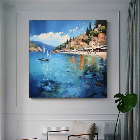 Original Coastal Cityscape Oil Painting On Canvas, Large Wall Art, Abstract Mediterranean Art Custom Painting Blue Ocean Decor Bedroom Art - Oil Painting Haven Oil Painting Haven