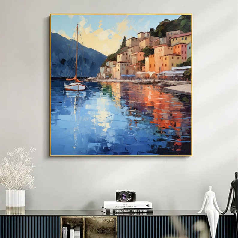 Abstract Coastal Landscape Oil Painting On Canvas, Large Wall Art, Original Mediterranean Art Custom Painting Blue Ocean Decor Cityscape Art - Oil Painting Haven Oil Painting Haven