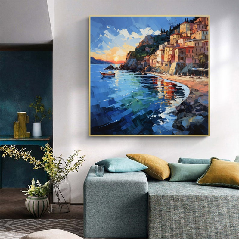 Abstract Mediterranean Oil Painting On Canvas, Large Wall Art, Original Coastal City Landscape Art Custom Blue Ocean Decor Living Room Art - Oil Painting Haven Oil Painting Haven