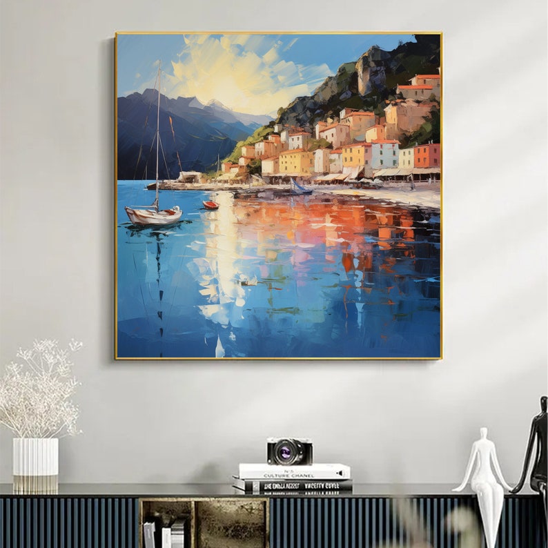 Original Mediterranean Oil Painting On Canvas, Large Wall Art, Abstract Coastal Cityscape Art Custom Painting Blue Ocean Decor Bedroom Art - Oil Painting Haven Oil Painting Haven