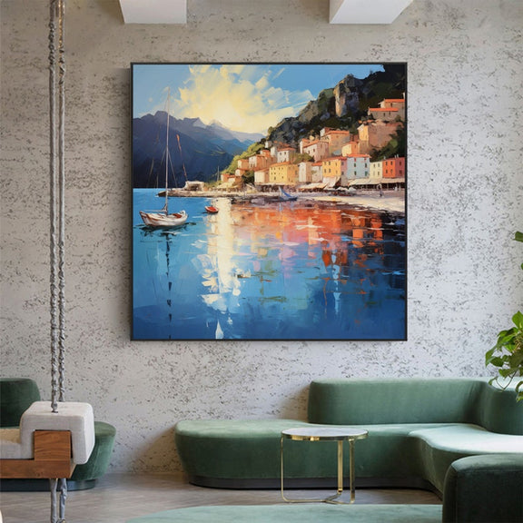 Original Mediterranean Oil Painting On Canvas, Large Wall Art, Abstract Coastal Cityscape Art Custom Painting Blue Ocean Decor Bedroom Art - Oil Painting Haven Oil Painting Haven