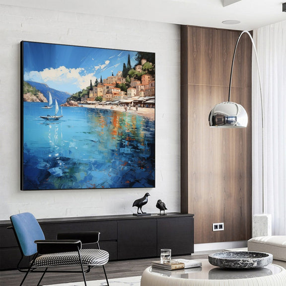 Original Coastal Cityscape Oil Painting On Canvas, Large Wall Art, Abstract Mediterranean Art Custom Painting Blue Ocean Decor Bedroom Art - Oil Painting Haven Oil Painting Haven