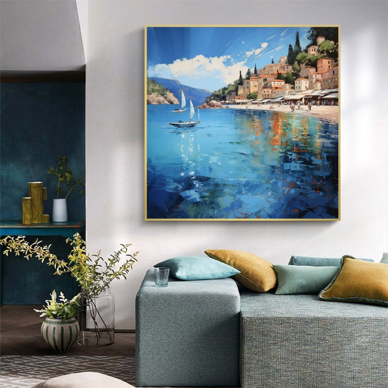 Original Coastal Cityscape Oil Painting On Canvas, Large Wall Art, Abstract Mediterranean Art Custom Painting Blue Ocean Decor Bedroom Art - Oil Painting Haven Oil Painting Haven