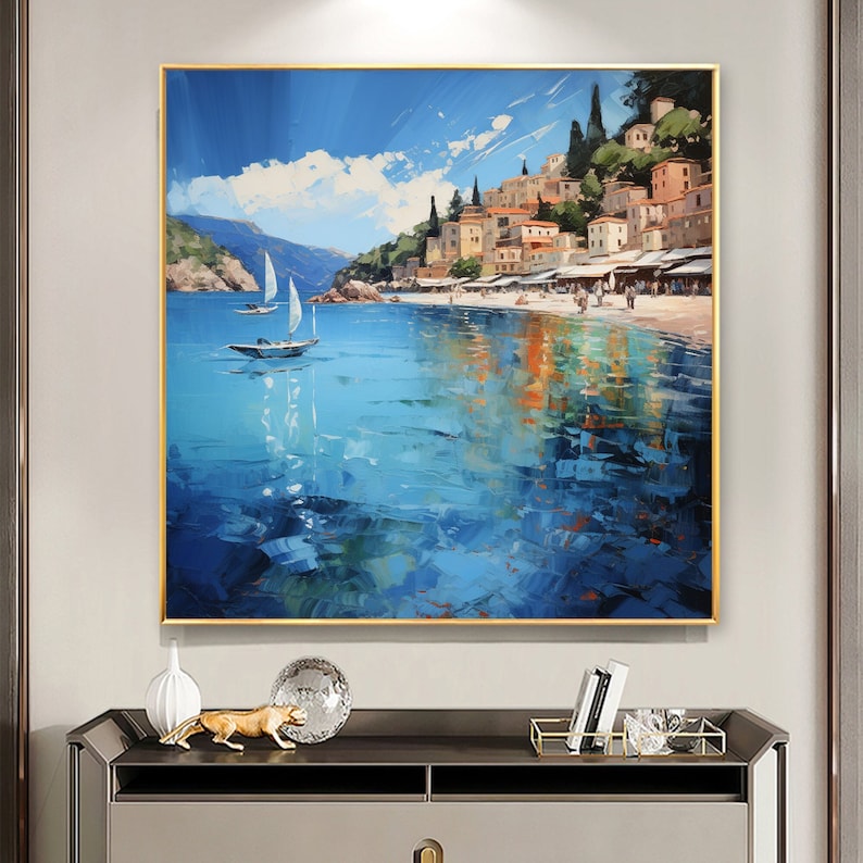 Original Coastal Cityscape Oil Painting On Canvas, Large Wall Art, Abstract Mediterranean Art Custom Painting Blue Ocean Decor Bedroom Art - Oil Painting Haven