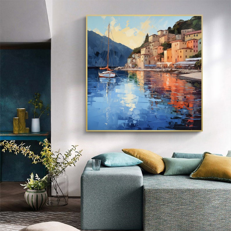 Abstract Coastal Landscape Oil Painting On Canvas, Large Wall Art, Original Mediterranean Art Custom Painting Blue Ocean Decor Cityscape Art - Oil Painting Haven Oil Painting Haven