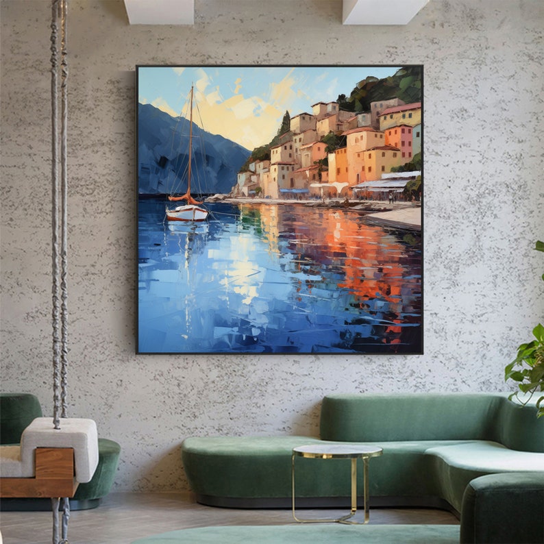 Abstract Coastal Landscape Oil Painting On Canvas, Large Wall Art, Original Mediterranean Art Custom Painting Blue Ocean Decor Cityscape Art - Oil Painting Haven Oil Painting Haven