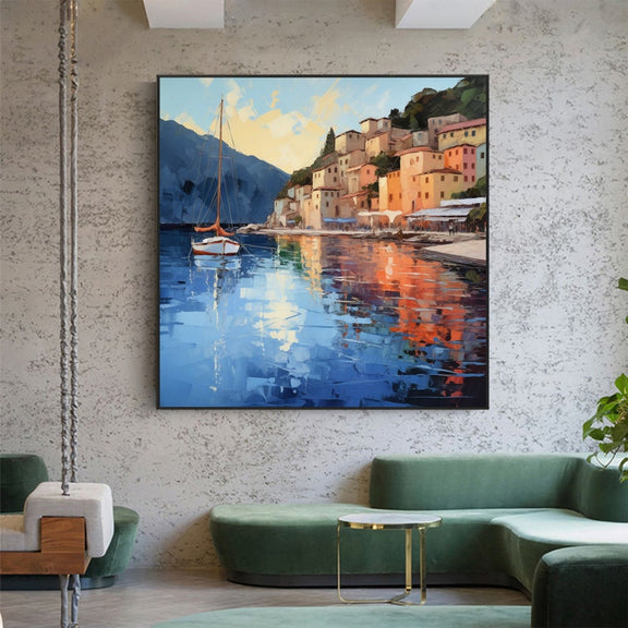 Abstract Coastal Landscape Oil Painting On Canvas, Large Wall Art, Original Mediterranean Art Custom Painting Blue Ocean Decor Cityscape Art - Oil Painting Haven Oil Painting Haven