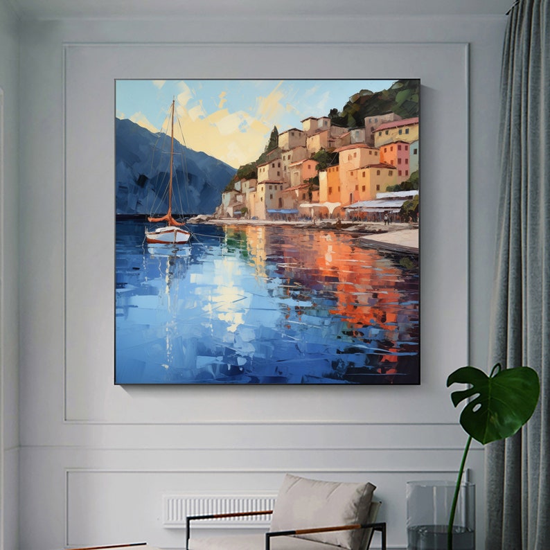 Abstract Coastal Landscape Oil Painting On Canvas, Large Wall Art, Original Mediterranean Art Custom Painting Blue Ocean Decor Cityscape Art - Oil Painting Haven Oil Painting Haven