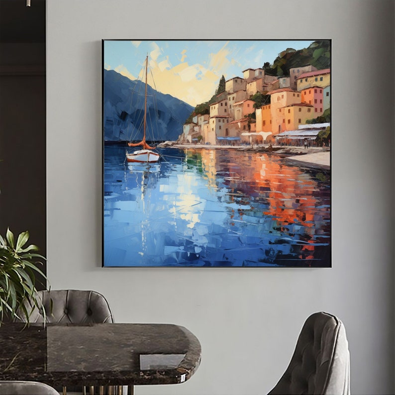 Abstract Coastal Landscape Oil Painting On Canvas, Large Wall Art, Original Mediterranean Art Custom Painting Blue Ocean Decor Cityscape Art - Oil Painting Haven