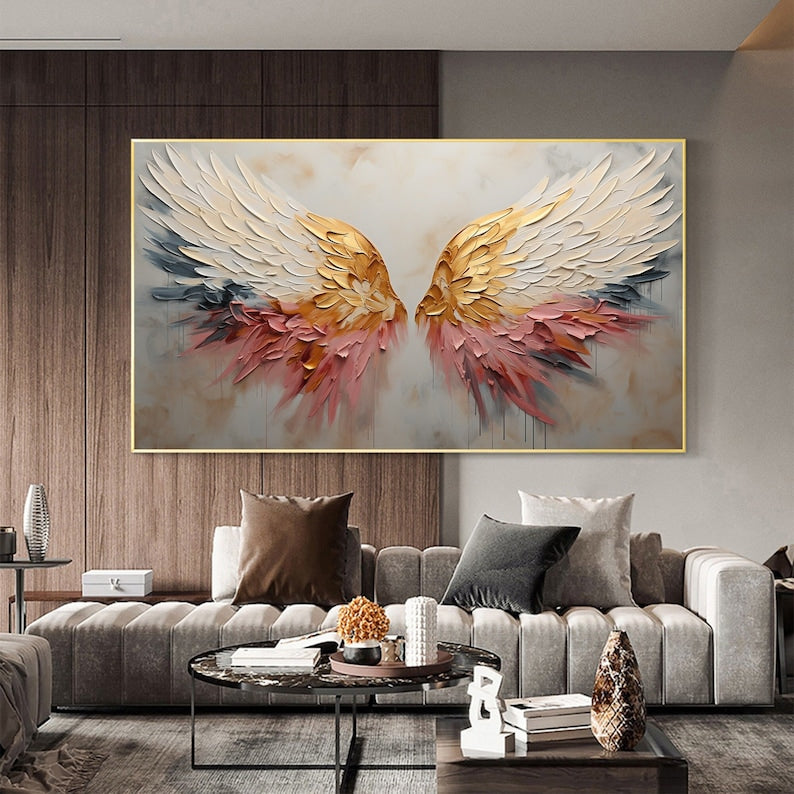 Original Angel Wing Oil Painting On Canvas, Large Wall Art Abstract Gold Wing Art Custom Painting Minimalist Home Decor Personalized Gift - Oil Painting Haven