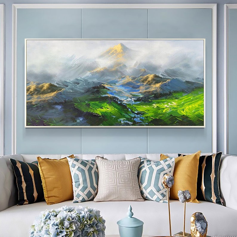 Original Mountain Oil Painting On Canvas, Large Wall Art Abstract Green Landscape Painting, Custom Painting Modern Living Room Wall Decor - Oil Painting Haven Oil Painting Haven