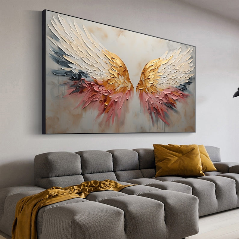 Original Angel Wing Oil Painting On Canvas, Large Wall Art Abstract Gold Wing Art Custom Painting Minimalist Home Decor Personalized Gift - Oil Painting Haven Oil Painting Haven