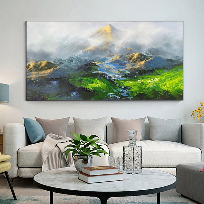 Original Mountain Oil Painting On Canvas, Large Wall Art Abstract Green Landscape Painting, Custom Painting Modern Living Room Wall Decor - Oil Painting Haven Oil Painting Haven