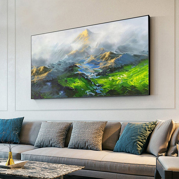 Original Mountain Oil Painting On Canvas, Large Wall Art Abstract Green Landscape Painting, Custom Painting Modern Living Room Wall Decor - Oil Painting Haven Oil Painting Haven