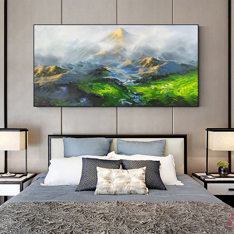 Original Mountain Oil Painting On Canvas, Large Wall Art Abstract Green Landscape Painting, Custom Painting Modern Living Room Wall Decor - Oil Painting Haven Oil Painting Haven