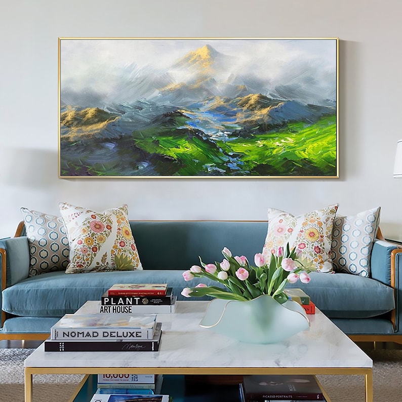 Original Mountain Oil Painting On Canvas, Large Wall Art Abstract Green Landscape Painting, Custom Painting Modern Living Room Wall Decor - Oil Painting Haven