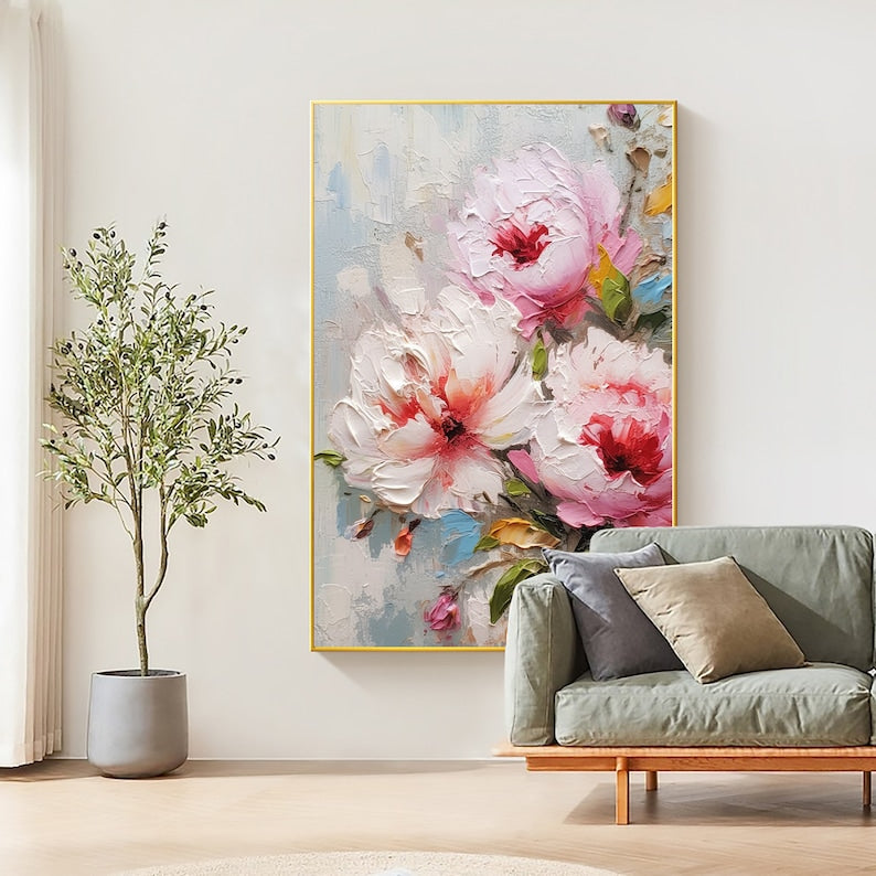 Original Pink Flower Oil Painting On Canvas, Large Wall Art Abstract Floral Landscape Painting,Custom Painting Modern Living Room Wall Decor - Oil Painting Haven Oil Painting Haven