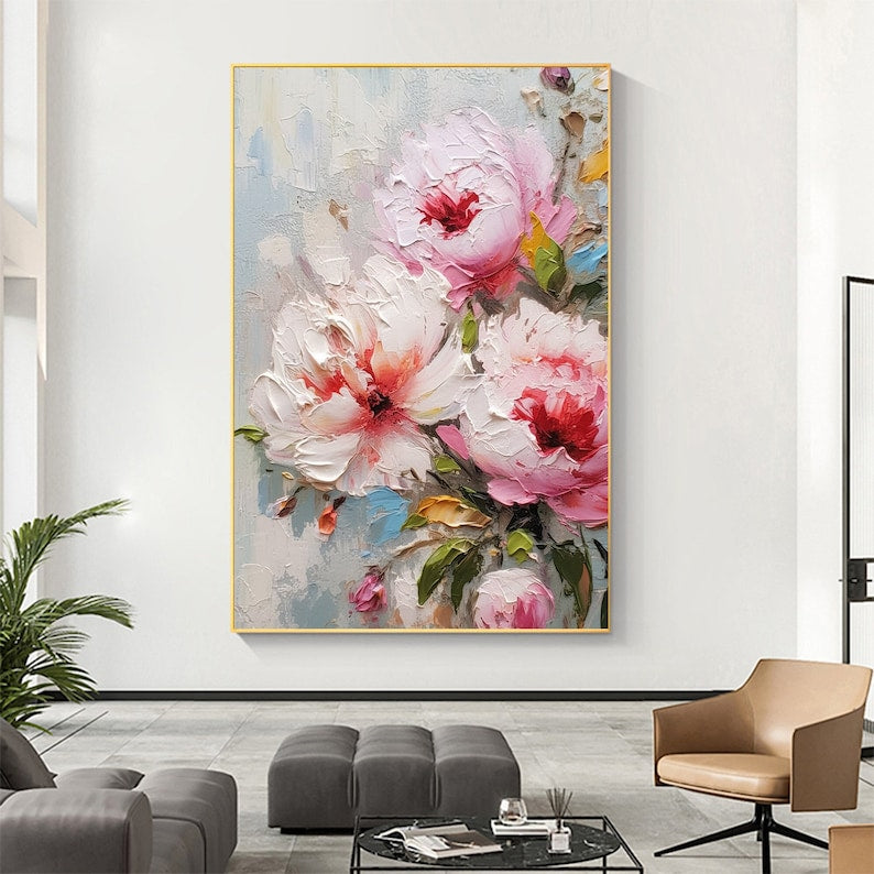 Original Pink Flower Oil Painting On Canvas, Large Wall Art Abstract Floral Landscape Painting,Custom Painting Modern Living Room Wall Decor - Oil Painting Haven