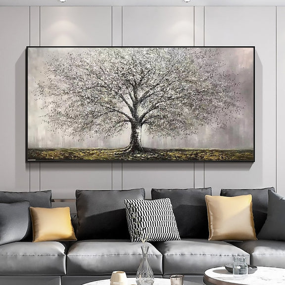 Abstract Tree of Life Painting on Canvas, Original Gray Tree Painting, Large Wall Art, Minimalist Art Custom Painting Living Room Home Decor - Oil Painting Haven Oil Painting Haven