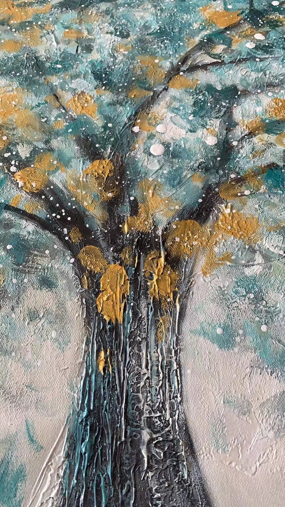 Gold Foil Blooming Banyan Tree Hand Painted, Original Canvas Teal Tree Abstract Textured Landscape Modern Bedroom Large Wall Art Home Decor - Oil Painting Haven Oil Painting Haven