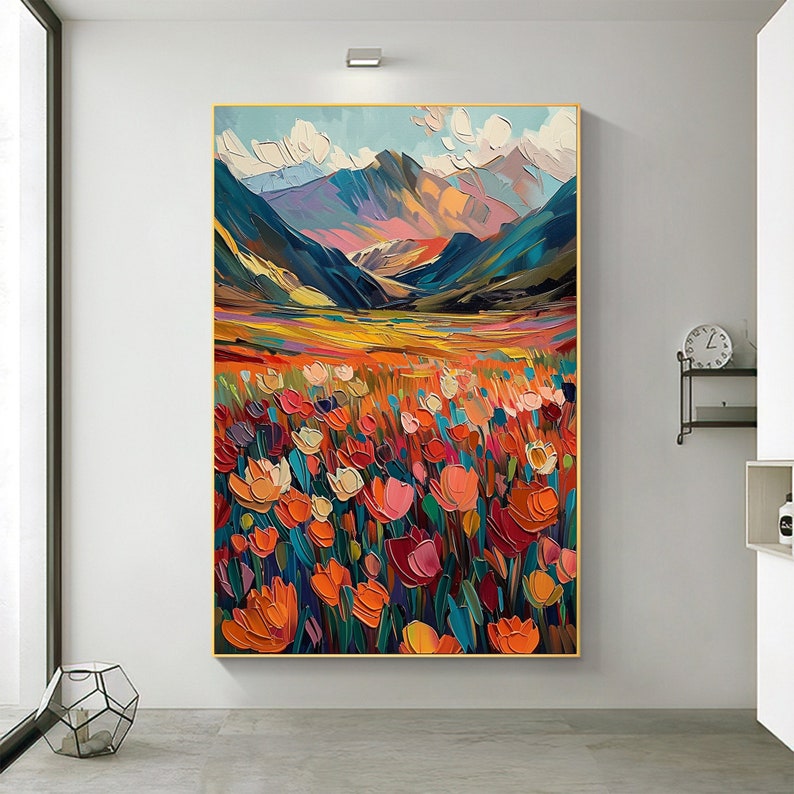 Original Flower Landscape Oil Painting on Canvas, Large Wall Art Abstract Mountain Art Spring Decor Modern Bedroom Wall Decor Home Decor - Oil Painting Haven