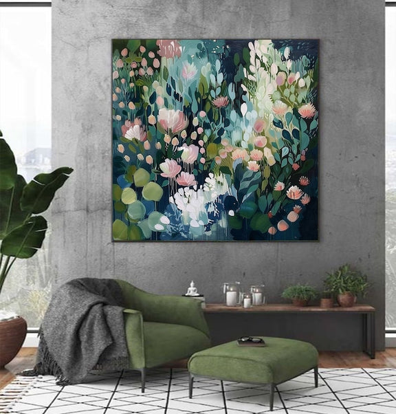 Original Green Flower Oil Painting on Canvas Abstract Green Floral Art Boho Wall Art 3D Textured Painting Modern Living Room Wall Decor - Oil Painting Haven Oil Painting Haven