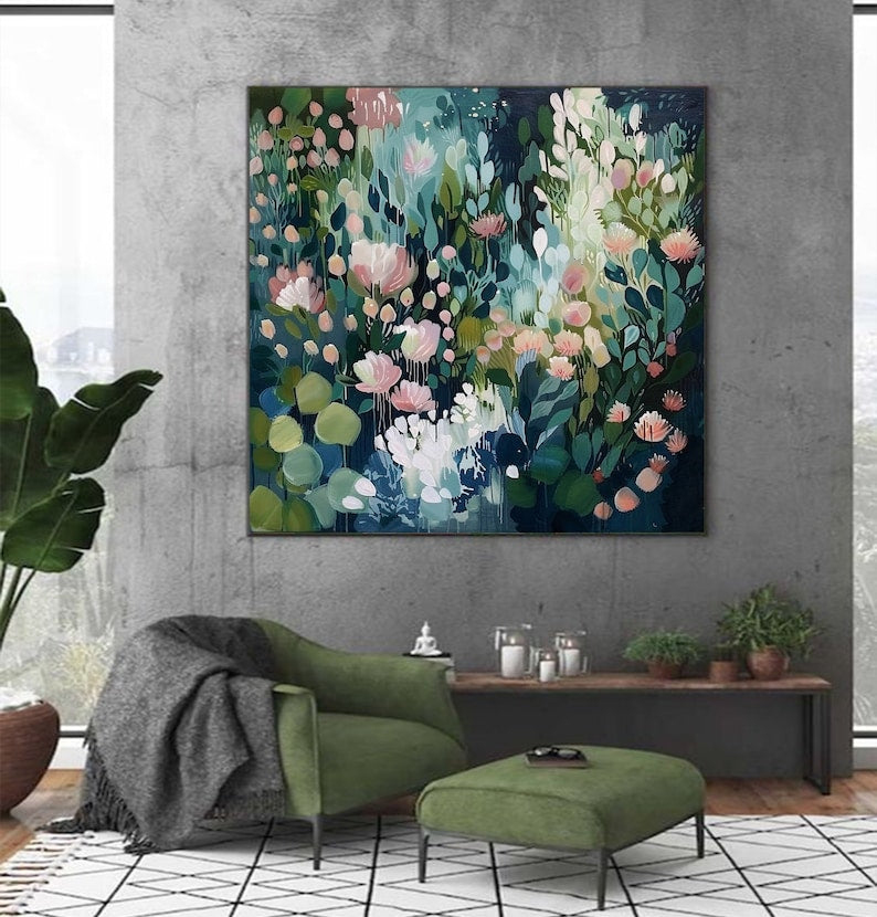 Original Green Flower Oil Painting on Canvas Abstract Green Floral Art Boho Wall Art 3D Textured Painting Modern Living Room Wall Decor - Oil Painting Haven Oil Painting Haven