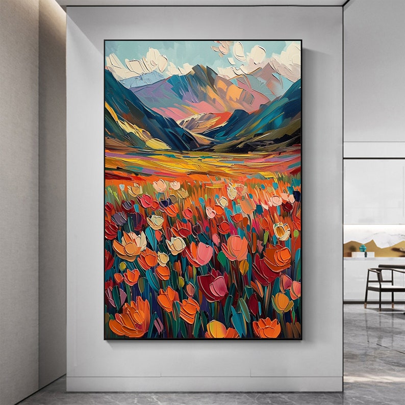 Original Flower Landscape Oil Painting on Canvas, Large Wall Art Abstract Mountain Art Spring Decor Modern Bedroom Wall Decor Home Decor - Oil Painting Haven Oil Painting Haven