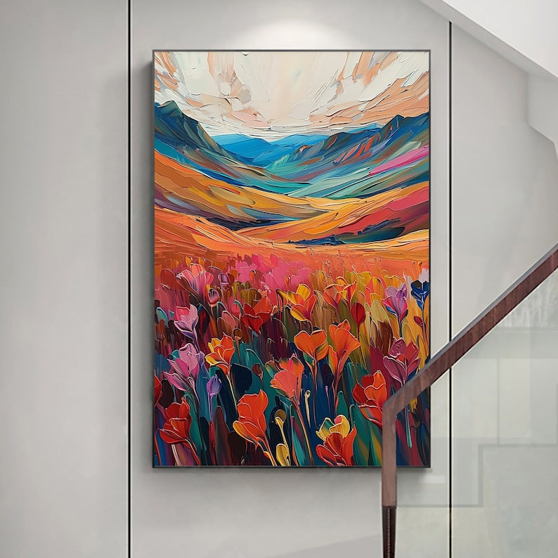 Abstract Flower Landscape Oil Painting on Canvas Large Wall Art, Original Colorful Mountain Art Spring Decor Modern Living Room Home Decor - Oil Painting Haven