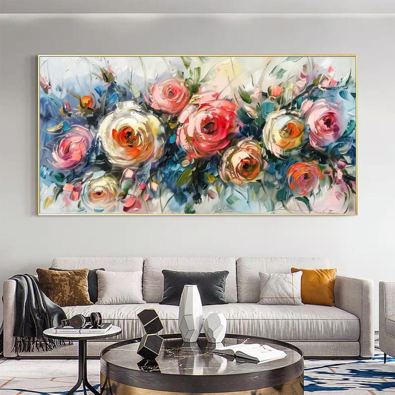 Abstract Rose Flower Oil Painting on Canvas, Large Wall Art, Original Colorful Floral Painting, Blossom Wall Decor, Living Room Home Decor - Oil Painting Haven