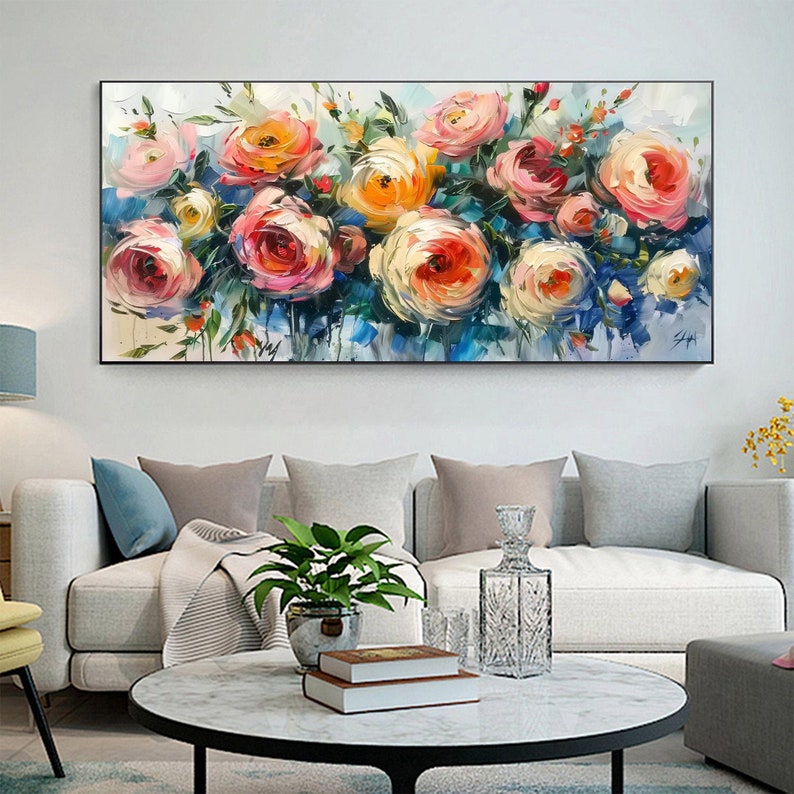 Original Blooming Colorful Flowers Oil Painting on Canvas, Large Blossom Wall Decor, Abstract Rose Floral Painting, Living Room Wall Decor - Oil Painting Haven