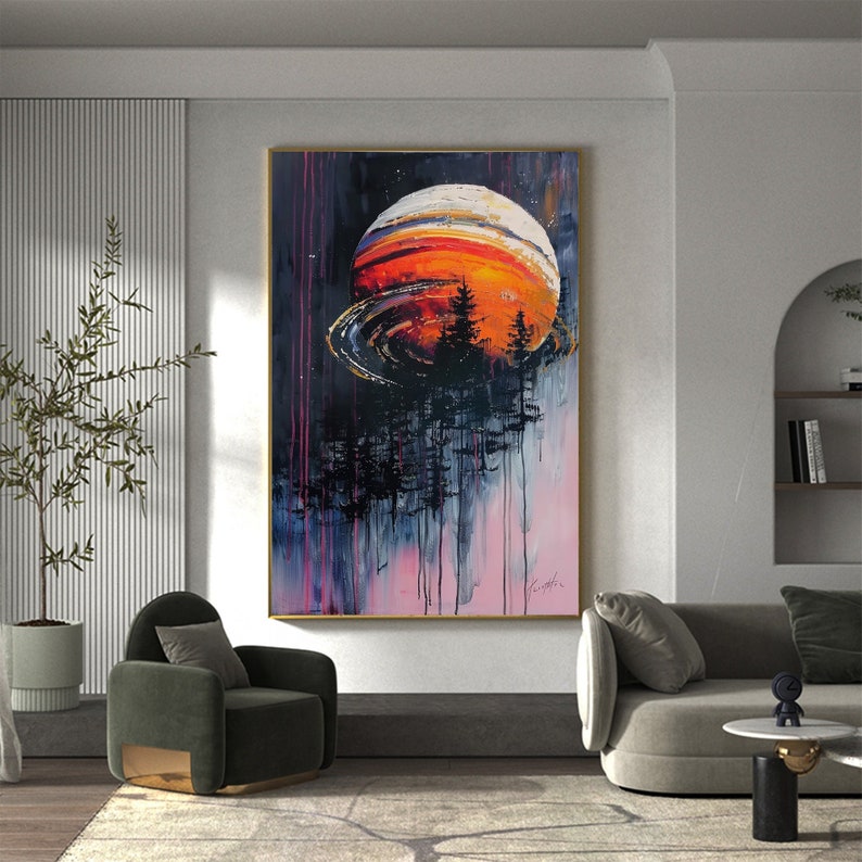 Large Abstract Starry Sky Oil Painting On Canvas, Original Colorful Moonscape Painting, Ocean Seascape Painting, Living Room Wall Art Decor - Oil Painting Haven