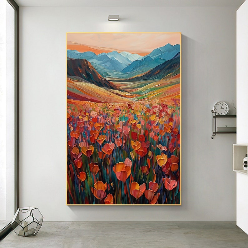 Large Abstract Red Flower Oil Painting on Canvas Wall Art, Original Mountain Landscape Art Spring Decor Modern Living Room Home Decor Gift - Oil Painting Haven