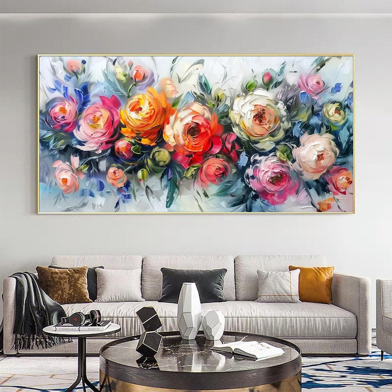 Abstract Rose Flower Oil Painting on Canvas, Large Wall Art, Original Floral Landscape Painting, Texture Wall Decor Living Room Home Decor - Oil Painting Haven