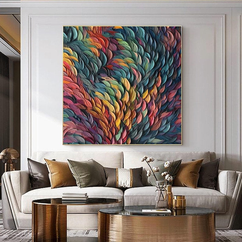 Abstract Colorful Feather Oil Painting on Canvas, Original Minimalist Art Painting, Custom Painting, Texture Wall Art Living Room Wall Decor - Oil Painting Haven