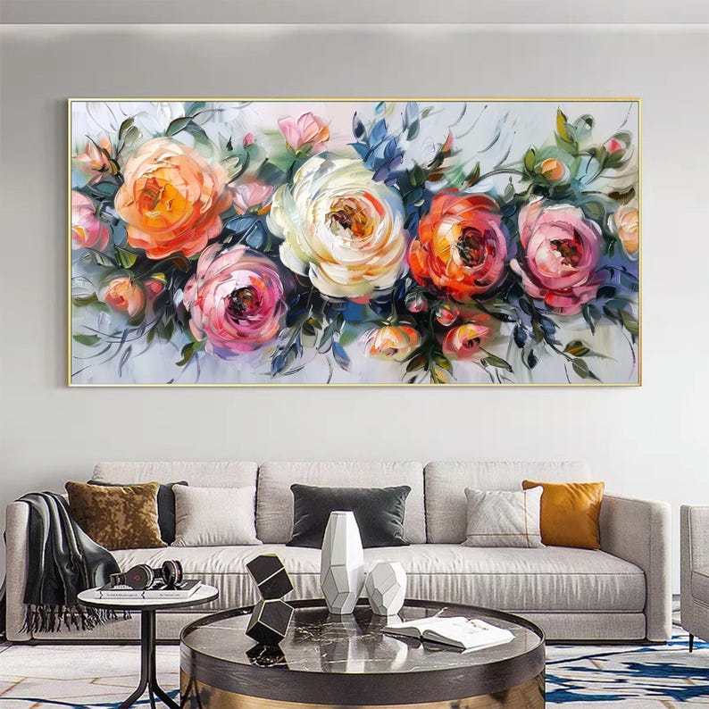 Original Blooming Colorful Flowers Oil Painting on Canvas, Large Blossom Wall Decor, Abstract Rose Floral Painting, Living Room Wall Decor - Oil Painting Haven