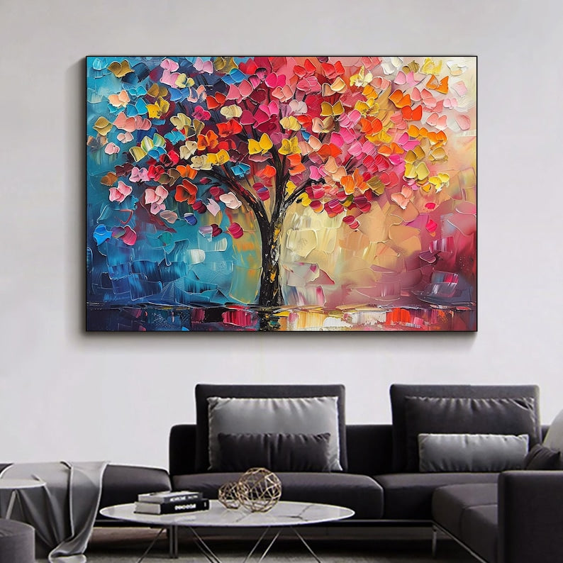 Hand Painted Abstract Colorful Tree Oil Painting On Canvas, Original Blooming Tree Painting, Large Wall Art, Modern Living Room Home Decor - Oil Painting Haven