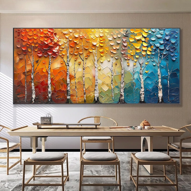 Abstract Colorful Forest Oil Painting On Canvas, Large Textured Wall Art, Original Tree Landscape Painting, Modern Living Room Wall Decor - Oil Painting Haven