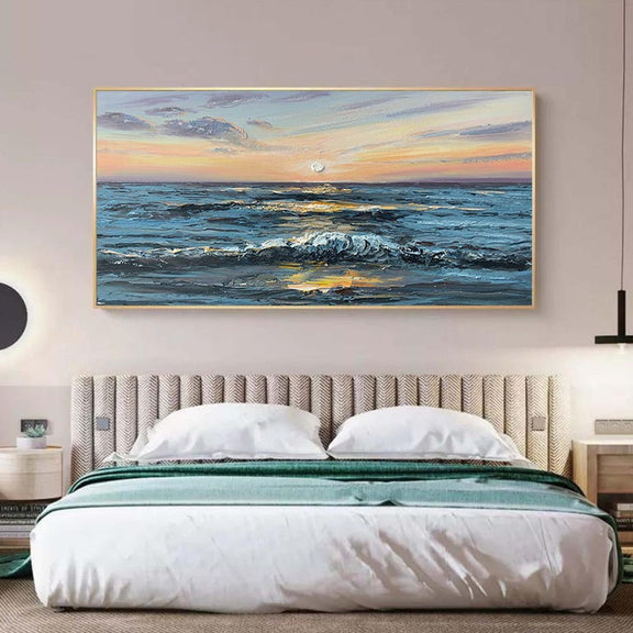 Large Abstract Sunset Seascape Oil Painting on Canvas, Original Blue Ocean Wall Art, Sailboat Art Painting, Custom Living Room Wall Decor - Oil Painting Haven Oil Painting Haven