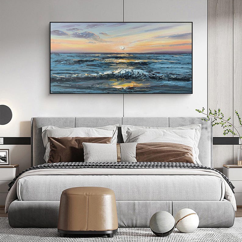 Large Abstract Sunset Seascape Oil Painting on Canvas, Original Blue Ocean Wall Art, Sailboat Art Painting, Custom Living Room Wall Decor - Oil Painting Haven Oil Painting Haven