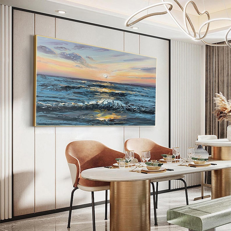 Large Abstract Sunset Seascape Oil Painting on Canvas, Original Blue Ocean Wall Art, Sailboat Art Painting, Custom Living Room Wall Decor - Oil Painting Haven Oil Painting Haven